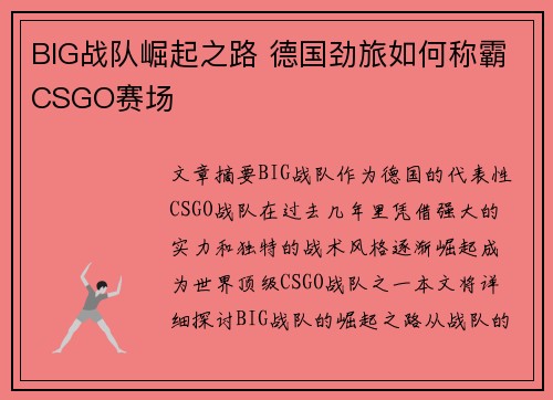 BIG战队崛起之路 德国劲旅如何称霸CSGO赛场 BIG战队崛起之路 德国劲旅如何称霸CSGO赛场