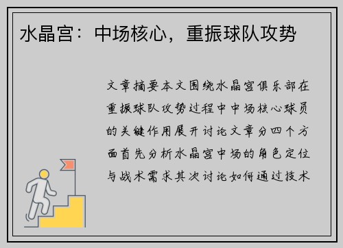 水晶宫:中场核心,重振球队攻势 水晶宫:中场核心,重振球队攻势