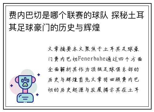 费内巴切是哪个联赛的球队 探秘土耳其足球豪门的历史与辉煌 费内巴切是哪个联赛的球队 探秘土耳其足球豪门的历史与辉煌