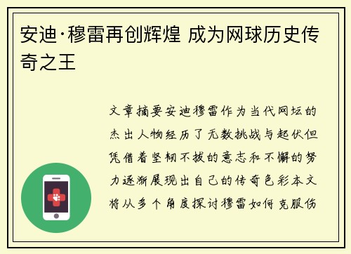 安迪·穆雷再创辉煌 成为网球历史传奇之王 安迪·穆雷再创辉煌 成为网球历史传奇之王